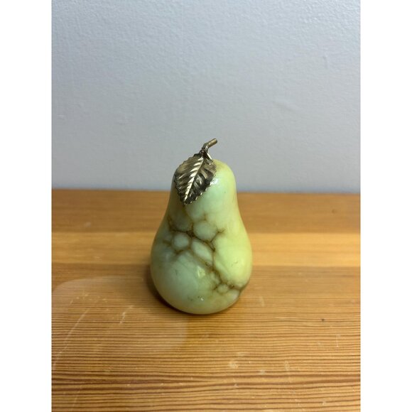 Vintage Alabaster Marble Stone Pear Paperweight Décor With Brass Stem fruit - Picture 1 of 6